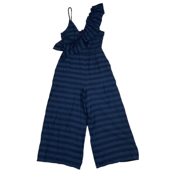 Tularosa Navy Blue Striped Ruffle Florence Cropped Jumpsuit - Picture 2 of 6